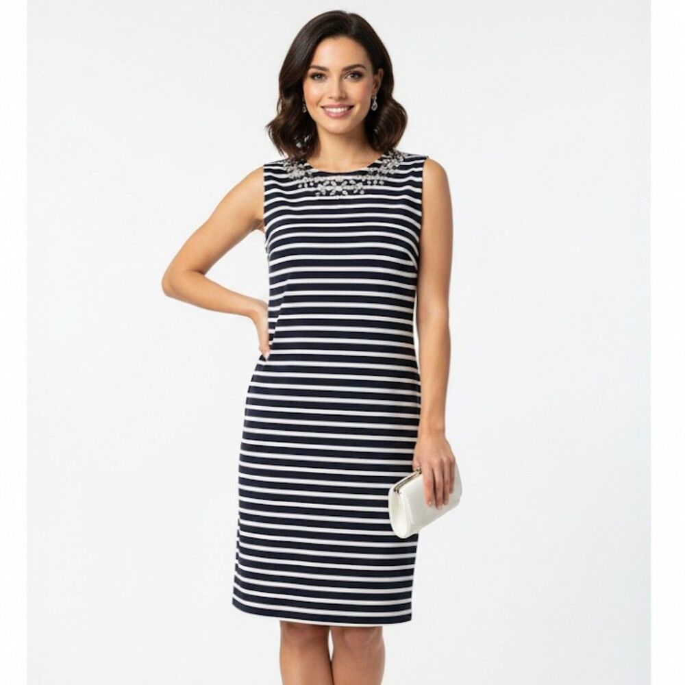 NWT J. Crew Black & White Striped Crystal Embellished Sheath Dress Size 0
